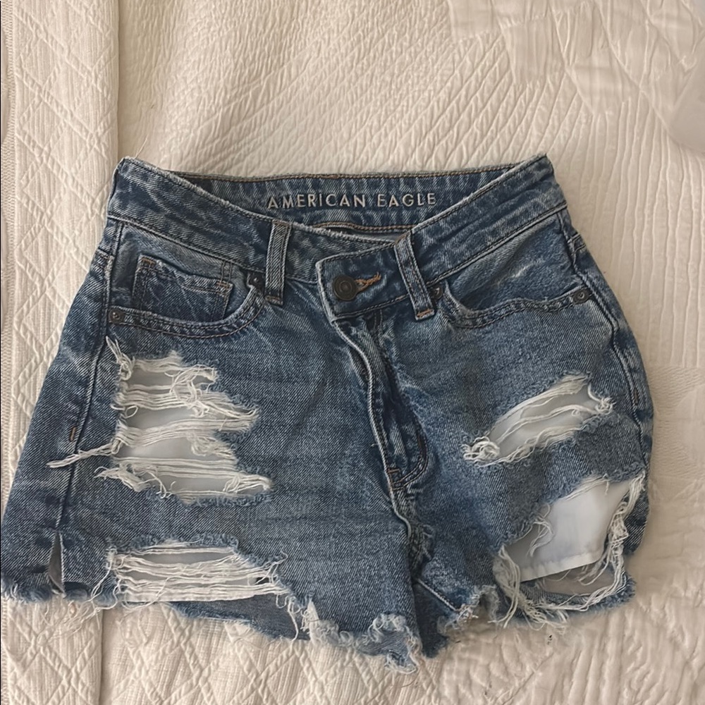 American Eagle Outfitters Blue Jean Shorts with Distressed Details